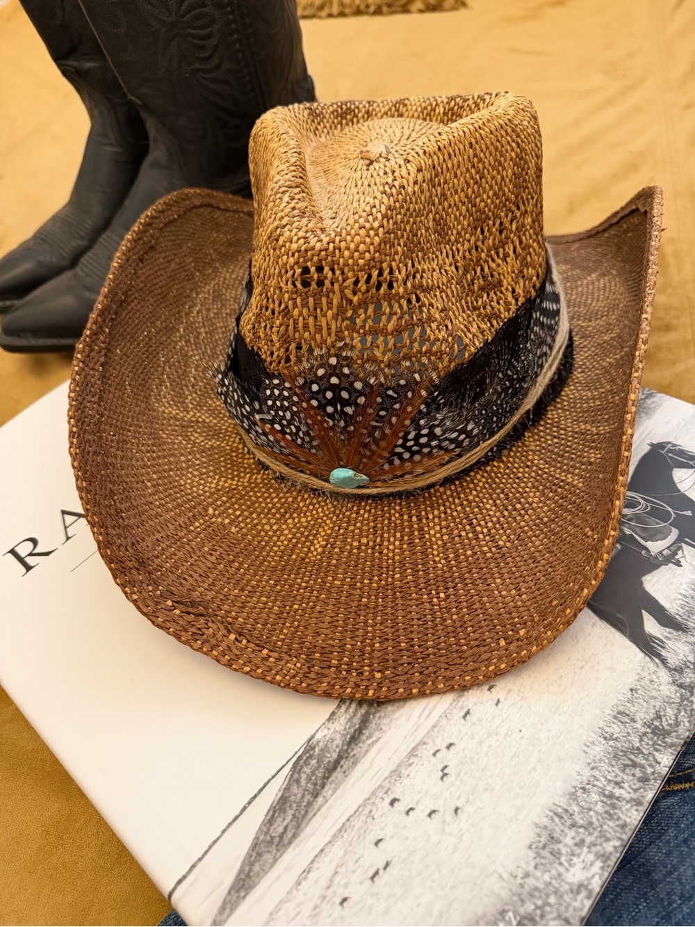 Milani Brown Woven Straw Cowboy Hat with Feather Band